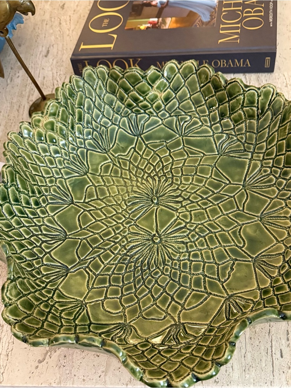 Handmade Large Round Green Ceramic Lacey Decorative Centerpiece Bowl - 15” x 3”